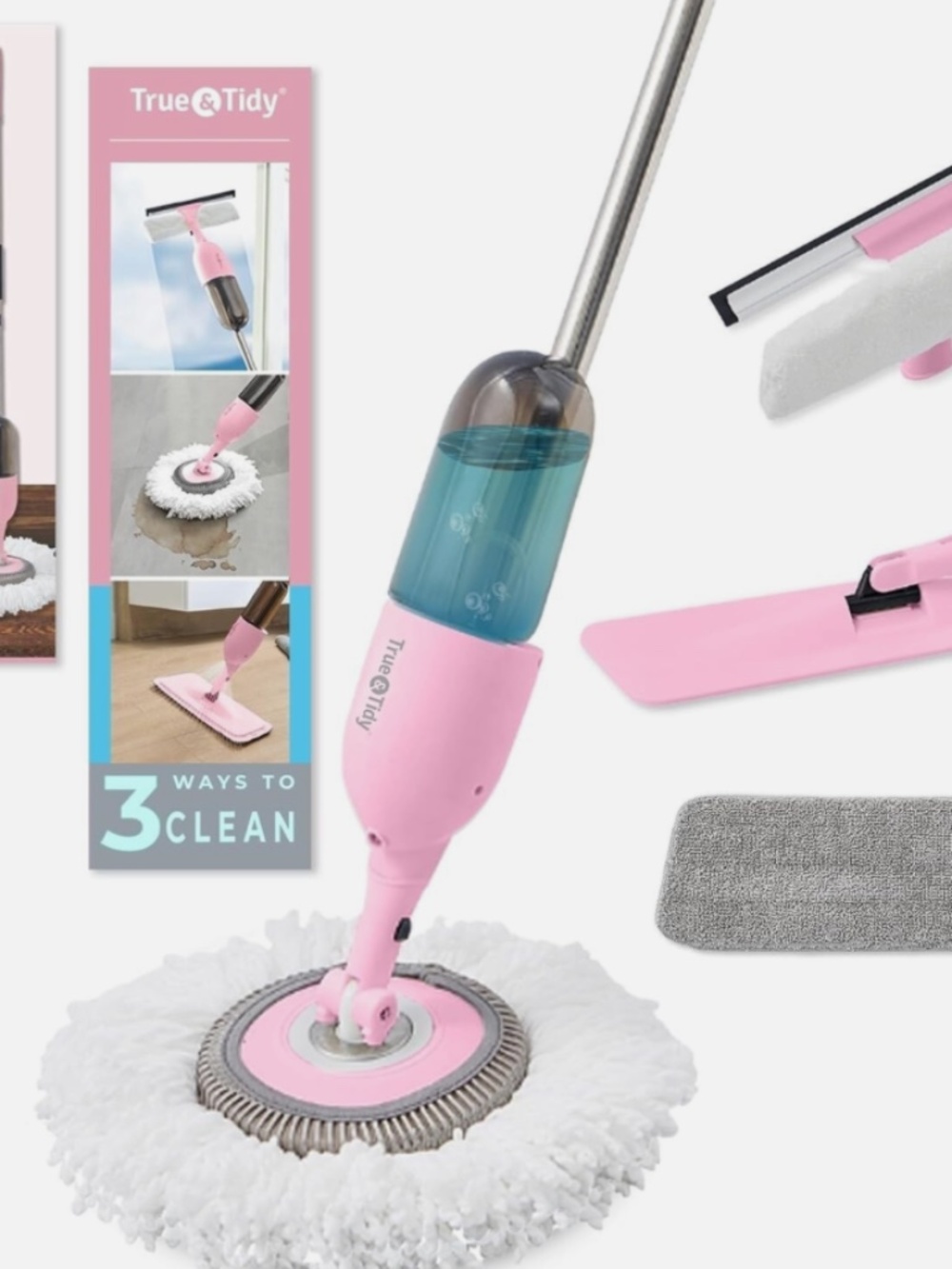 True & Tidy - Spray Mop Kit with 3 Cleaning Attachments - Pink NWB
